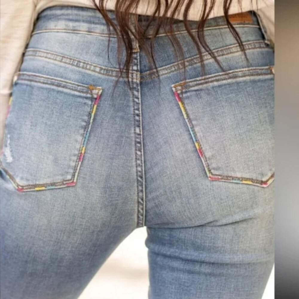 Judy Blue Medium Blue Skinny Jeans with Colorful Accents